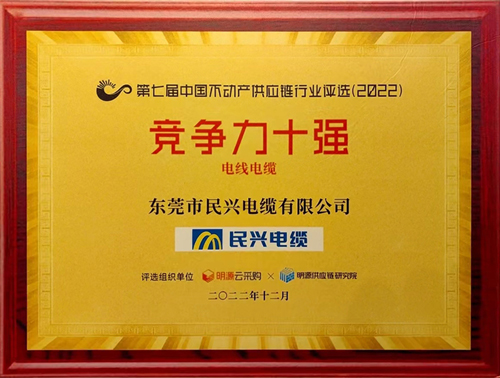 莞企民興電纜榮登2022年中國不動產(chǎn)供應(yīng)鏈行業(yè)競爭力十強